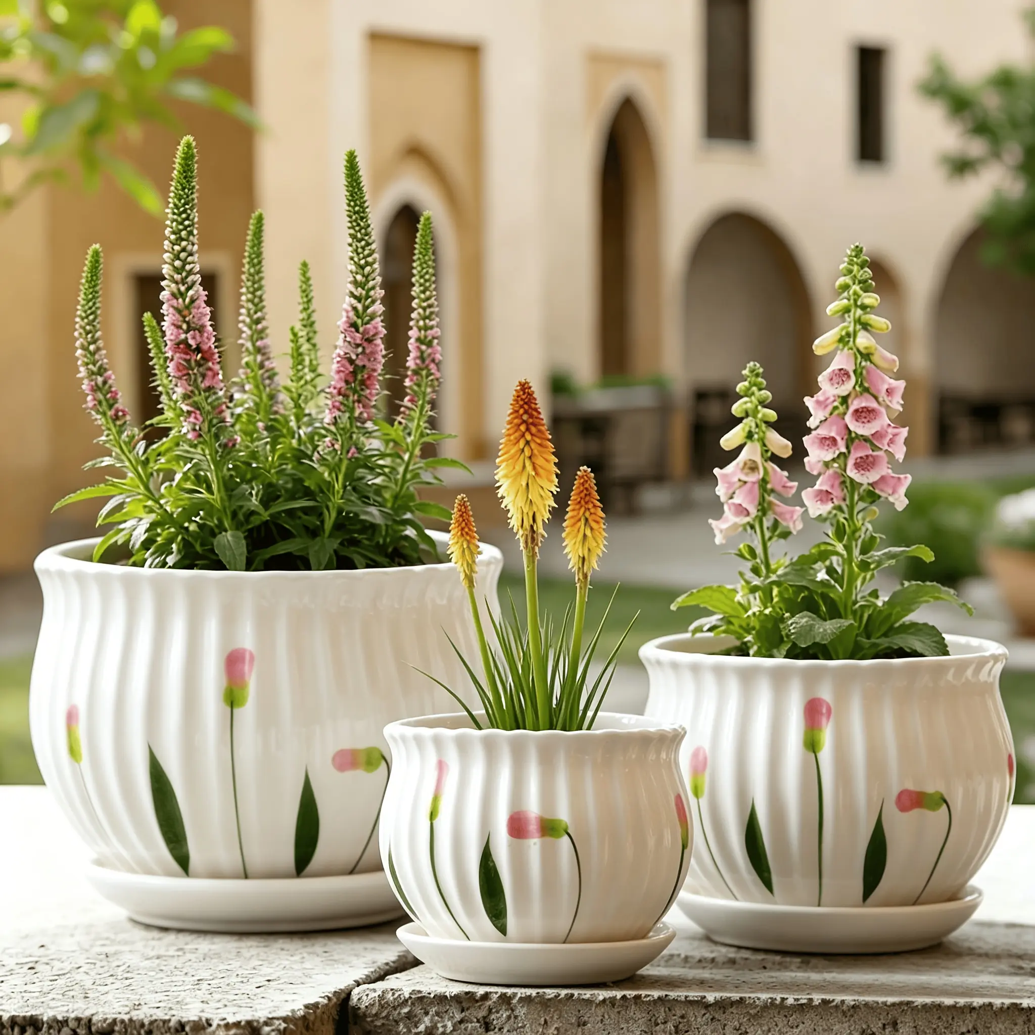 Set of 3 White Ribbed Ceramic Plant Pots With Hand Painted Floral Pattern And Matching Saucers, Large Medium Small Planters With Drainage Hole, Decor For Indoor Desktop, Balcony And Patio, Great Gift For Plant Lovers. Plants NOT Included.