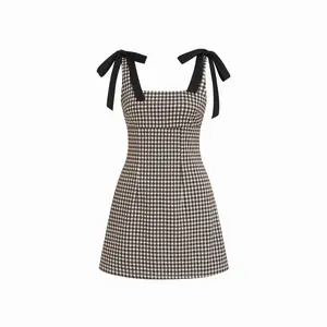 Cider Cotton-blend Square Neck Bowknot Gingham A-line Mini Dress