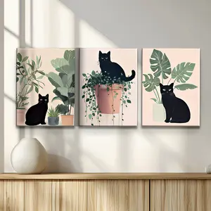 3-Piece Cat & Plant Wall Art Set, Modern Canvas Prints for Living Room Bedroom Decor, Creative Home Decoration