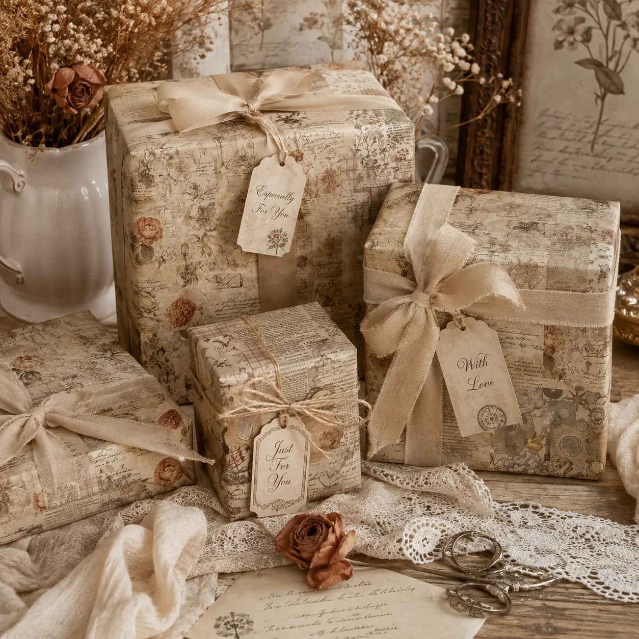 Vintage Ephemera Junk Journal Gift Wrapping Paper Sheet - Antique Newspaper Script Floral Collage Wrap for Housewarming Birthday Teachers Day