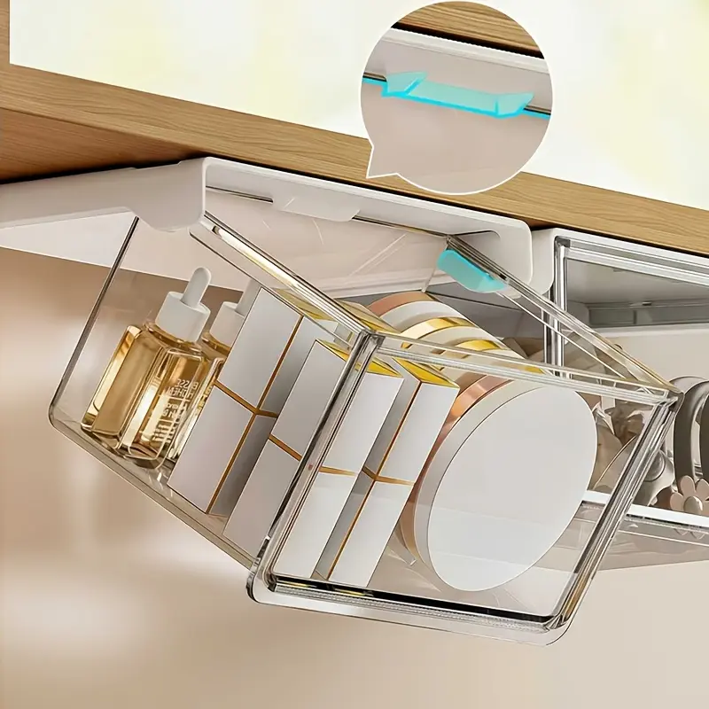 Cosmetic Storage Box, Expandable Mirror Cabinet with Under-Cabinet Storage Box And Hanging Hooks - Minimalist Bathroom Organizer for Pads, Lipsticks, And Swabs, Drawer-Style Hidden Pull-Out Shelf Mirror Cabinet with Cosmetic Organizer