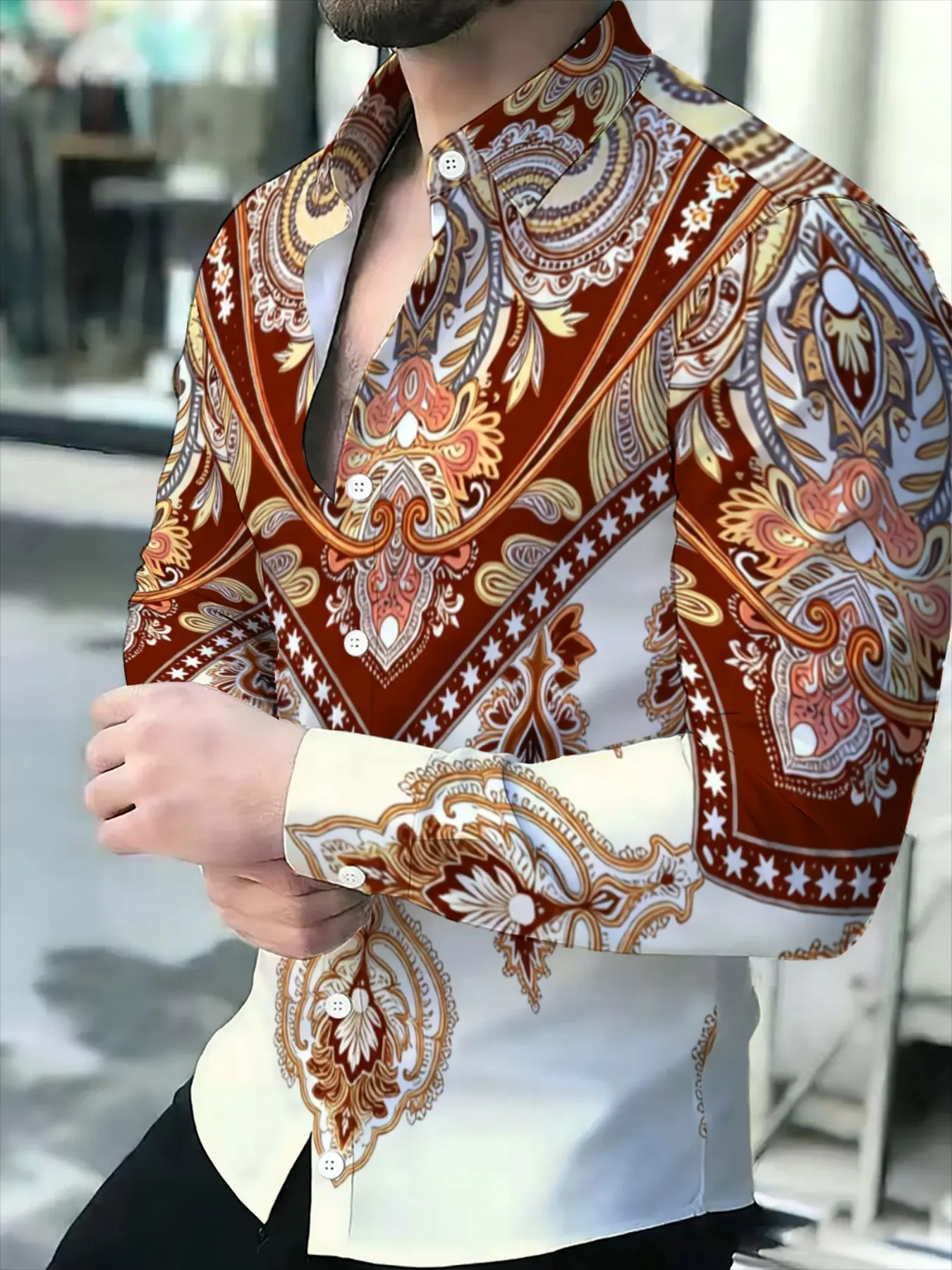 Men's Long Sleeve Casual Shirt with Novelty Paisley Pattern Casual Printed Menswear