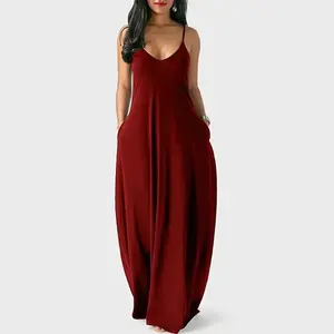 Women's Maxi Dresses Summer Spaghetti Strap Dress with Pockets Solid color sexy deep V suspender long skirt wrap vest dress