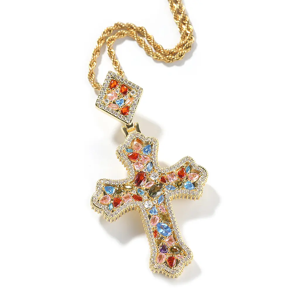 QUEENDO Unisex Iced-Out Ornate Cross Pendant Necklace - Multi-Shape Mixed-Color Stone Inlay, Fully Paved Square Bail, Multi-Tone Metal Coating, Hip-Hop Streetwear Statement Piece for Hip Hop Outfits, Gift for Chain Jewelry Enthusiasts