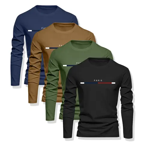 Men's 4-Pack Knitting Crew Neck Long Sleeve Fitted Quick-Dry T-Type Gym Sweatshirts, Athletic Sports Apparel for Training & Daily Wear, Value Set