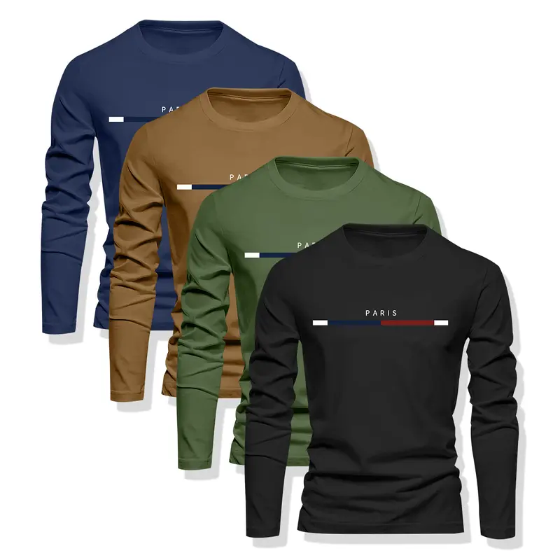 Men's 4-Pack Knitting Crew Neck Long Sleeve Fitted Quick-Dry T-Type Gym Sweatshirts, Athletic Sports Apparel for Training & Daily Wear, Value Set