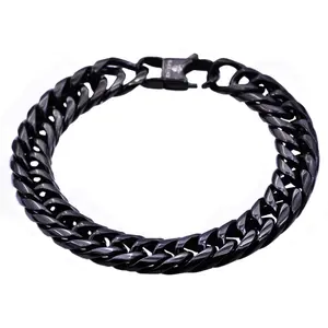 Mens Black Plated Stainless Steel Double Cuban Link Chain Bracelet