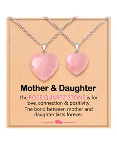Rose Quartz Heart Necklaces Set of 2- Mom Daughter Sister Gifts for Birthday, Christmas, Valentines, Mothers Day