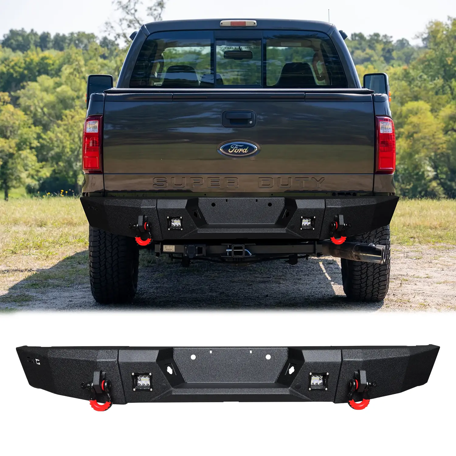 Vijay Steel Rear Bumper - Black Texture Metal Performance Upgrade for 1999-2016 Ford Super Duty F250/F350, Includes LED Lights, 2 x D-Rings, Off-Road Compatible, Easy Screw Installation, Boosts Rear Aesthetics