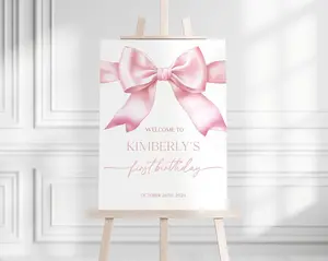 Welcome Pink Bow Sign Template, Pink Bow Birthday Welcome Poster, 1st Birthday Girl Decorations, Ribbon First Birthday Party I018