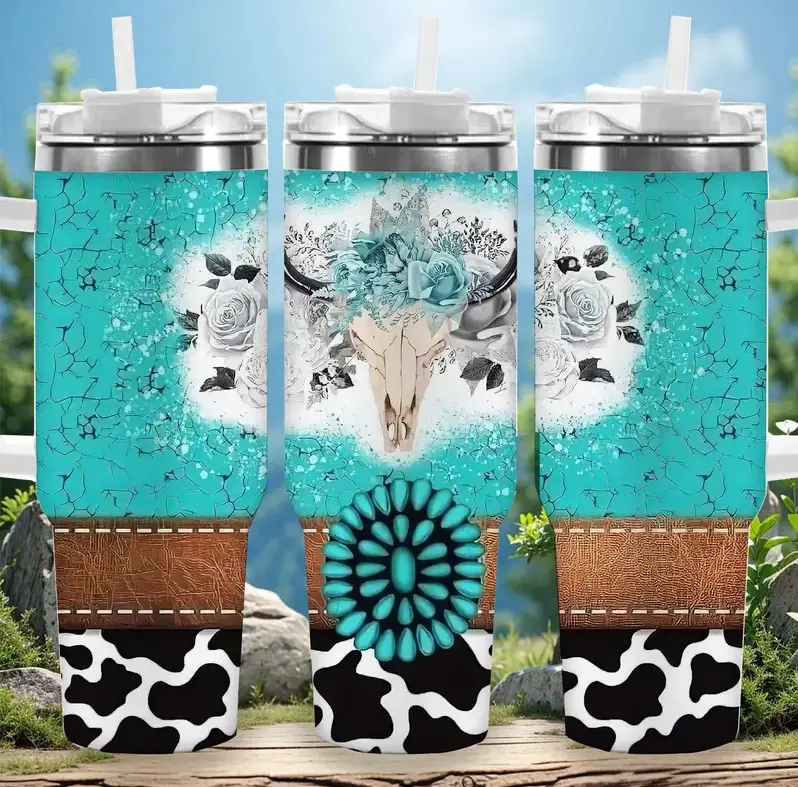 [Western Collection] Western Cow Pattern Turquoise 40oz/20oz Tumbler with Handle & Straw, Stainless Steel Double Wall Vacuum Insulated Travel Mug, Rustic Ranch Print Edition, Keeps Drinks Hot & Cold, Fits Car Cup Holder, Gift for Women