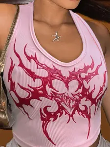 Women's Heart Print V Neck Crop Short Tank Top, Casual Streetwear Sleeveless Ribbed Top for Summer, Ladies Clothes for Nightclub Music Festival