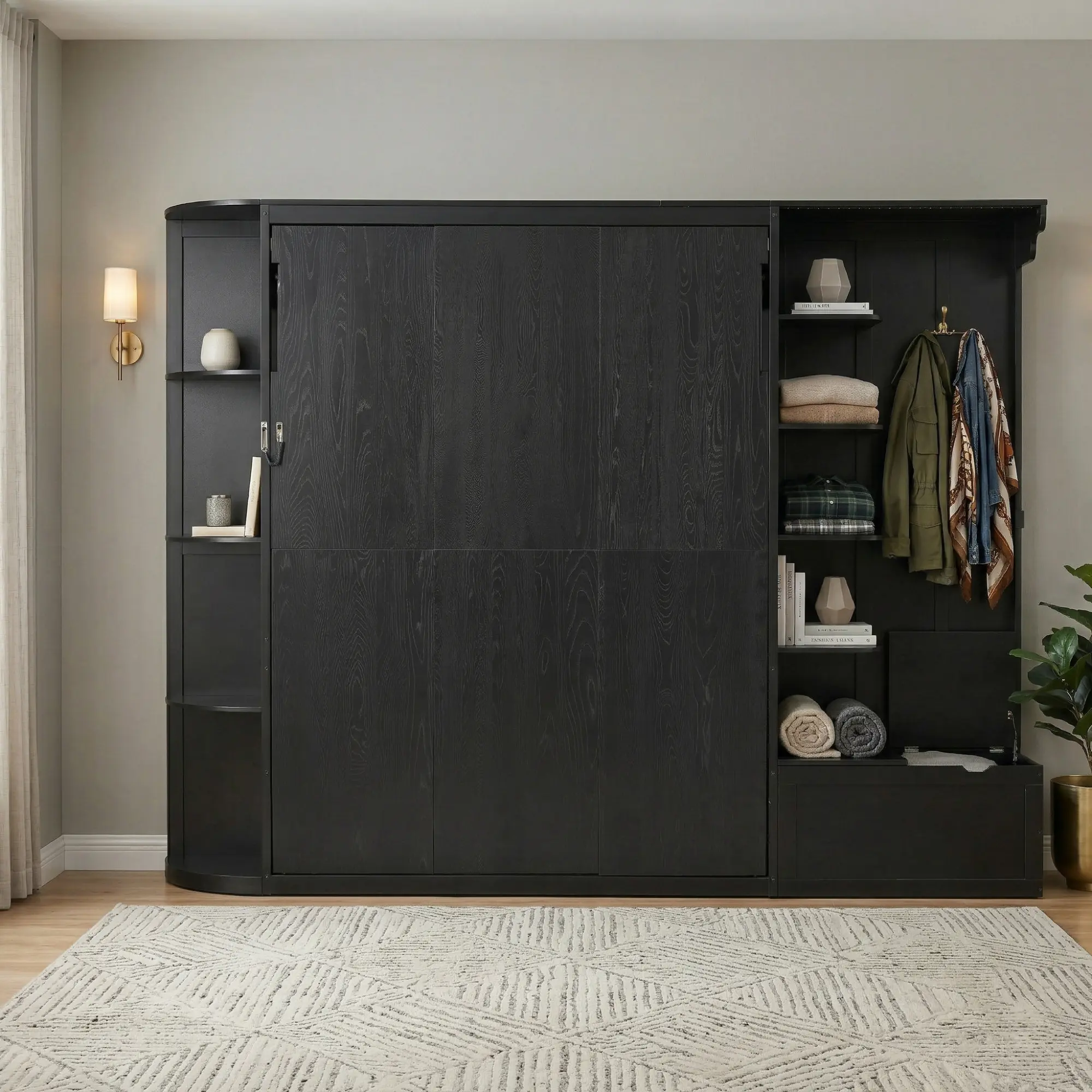 Space-Saving Queen Wall Bed with Oak Veneer, Built-In Shelves, Cabinets, and LED Lights, Hidden Fold-Out Legs, Black MDF+LVL