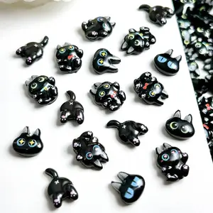 50PCS Cartoon Kawaii Black Cat Resin Nail Charms 3D Luminous Creative Cat Head Butt Decorations DIY Phone Case Nails Parts