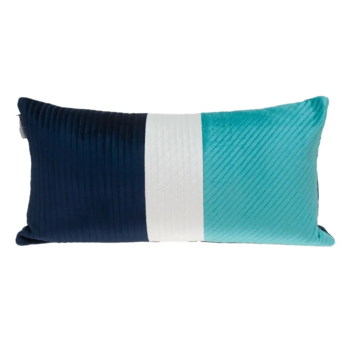 360 Stand Colorblock Stripes Navy Blue & Sea Blue Quilted Velvet Fabric Lumbar Size Throw Pillow - Transitional Look, Hidden Zipper, Block Lumbar Pillows, Luxurious, Decoration Accent, Transitional Style, Color Block