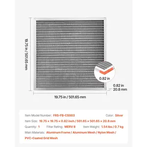 VEVOR Electrostatic Air Filter, 20x20x1 inch Washable Reusable Aluminum AC/HVAC Furnace Filter, MERV 8 Long Lifetime, Home or Office (Actual Size: 19.75x 19.75x 0.82 in)