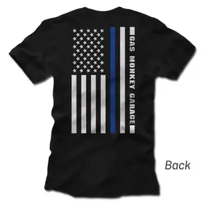 Thin Blue Line Tee - Short Sleeve Cotton T-Shirt with American Flag and Gas Monkey Design, Back Shortsleeve, Men's Streetwear