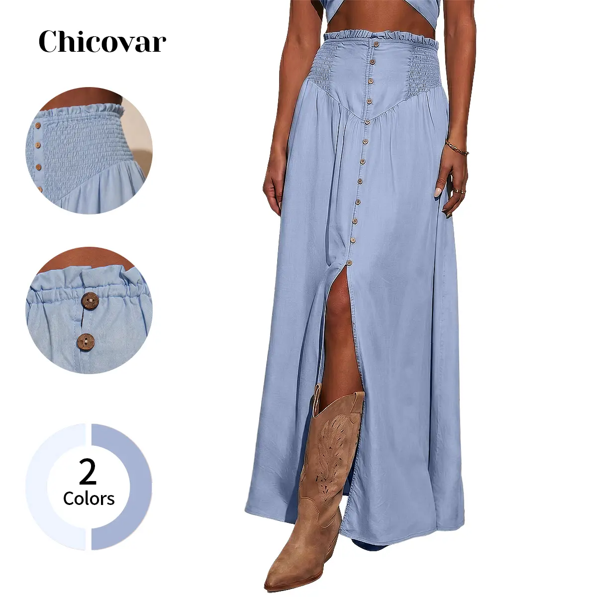 ChicovarFashion Women‘s Smocked Waist Button Maxi Skirt, Flowy A-Line Western Style , 2026 Trendy Coastal Cowgirl Trend, Summer Vacation & Travel Wear