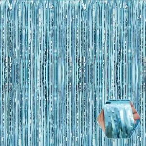 3 Pack Light Blue Foil Fringe Curtain Backdrop, 3.28Ft x 9.8Ft Metallic Tinsel Foil Fringe Streamer Curtains for Photo Booth, Christmas Day, Thanksgiving, Wedding,  Year Party Decorations