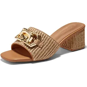 Coutgo Womens Raffia Slide Sandals Chunky Block Heeled Square Open Toe Metal Chain Slip on Mules Dressy Shoes