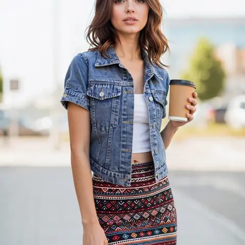 Women's Blue Short Sleeve Fitted Denim Jacket, Flip-Top Pocket Design, Summer Fashionable Casual Style Outerwear, Casual Wear for Ladies
