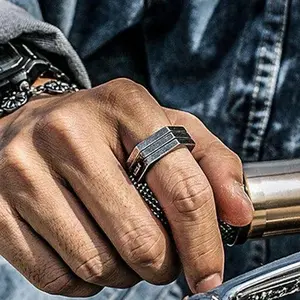 Vintage Silver Hexagon Men Punk Ring for Teen Young People Hip Hop Gothic Personality Party Anniversary Jewelry Present