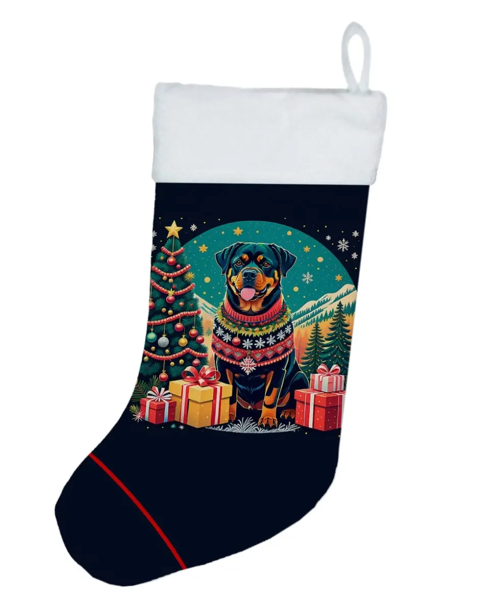 Unisex Super Soft Double-Sided Rottweiler Artwork Polyester Christmas Stocking - 18X13.5" in, 0.4 lbs, Machine Washable Adult Home Festive Decor Holiday Gift