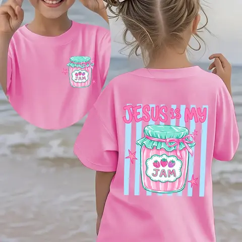 PUEMCO Toddler Girls' Christian Faith Cotton Short-Sleeve Graphic Tee, 2-3y/3-4y/4-5y/5-6y/11-12y Blush Pink Vertical Stripe, Double-Sided "Jesus Is My Jam" Lettering, Berry Jam Jar Watercolor with Pink Bow Star, Cute Casual Baptism Top