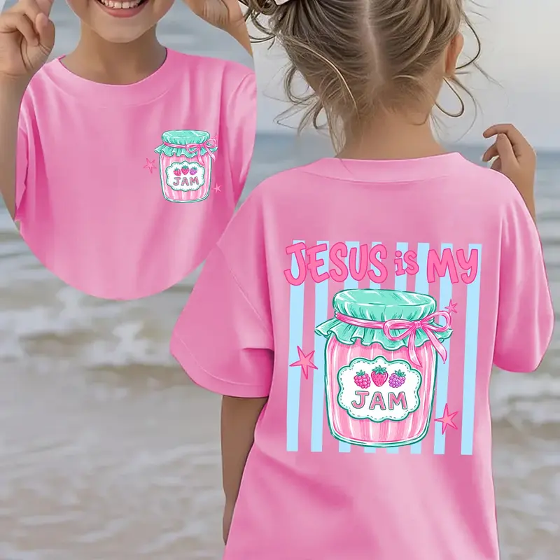 PUEMCO Toddler Girls' Christian Faith Cotton Short-Sleeve Graphic Tee, 2-3y/3-4y/4-5y/5-6y/11-12y Blush Pink Vertical Stripe, Double-Sided "Jesus Is My Jam" Lettering, Berry Jam Jar Watercolor with Pink Bow Star, Cute Casual Baptism Top