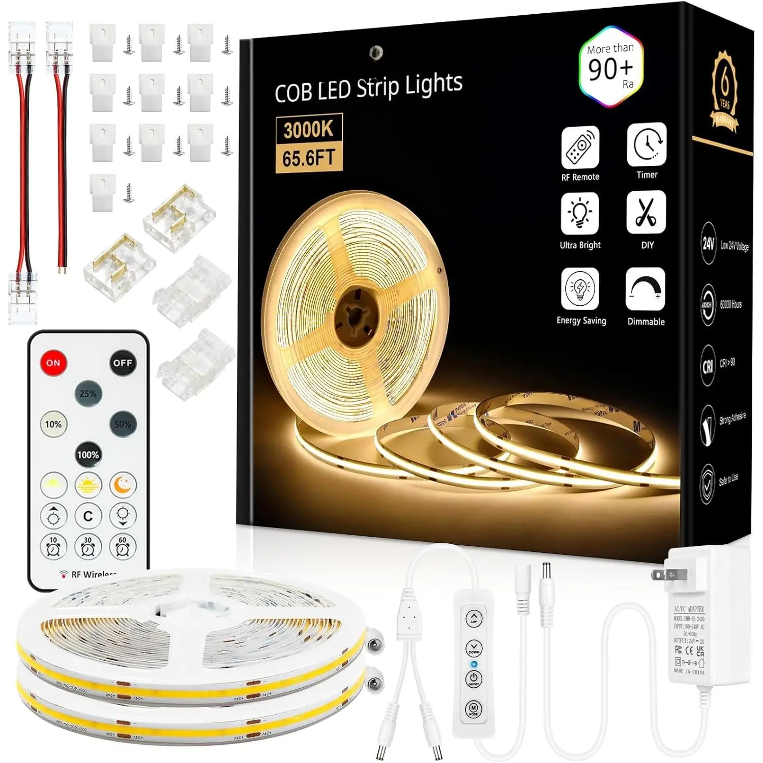 65.6ft COB LED Strip Light with Remote, 3000K Dimmable Bright Warm White Led Lights Strip, Flexible DC24V Led Tape Light for Bedroom, Kitchen, DIY Lighting (2 Rolls of 32.8ft)