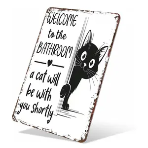 Vintage Black & White Cat Wall Art - "Welcome To The Bathroom" Funny Metal  Sign - Retro Bathroom Decor With Cat Design - Aluminum Tin Sign For Restroom 8x12in