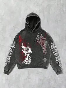 Unisex Hooded Sweatshirt with Wing Print, Street Style Hip Hop Fashion, Casual Loose Fit Hoodie for Spring & Fall