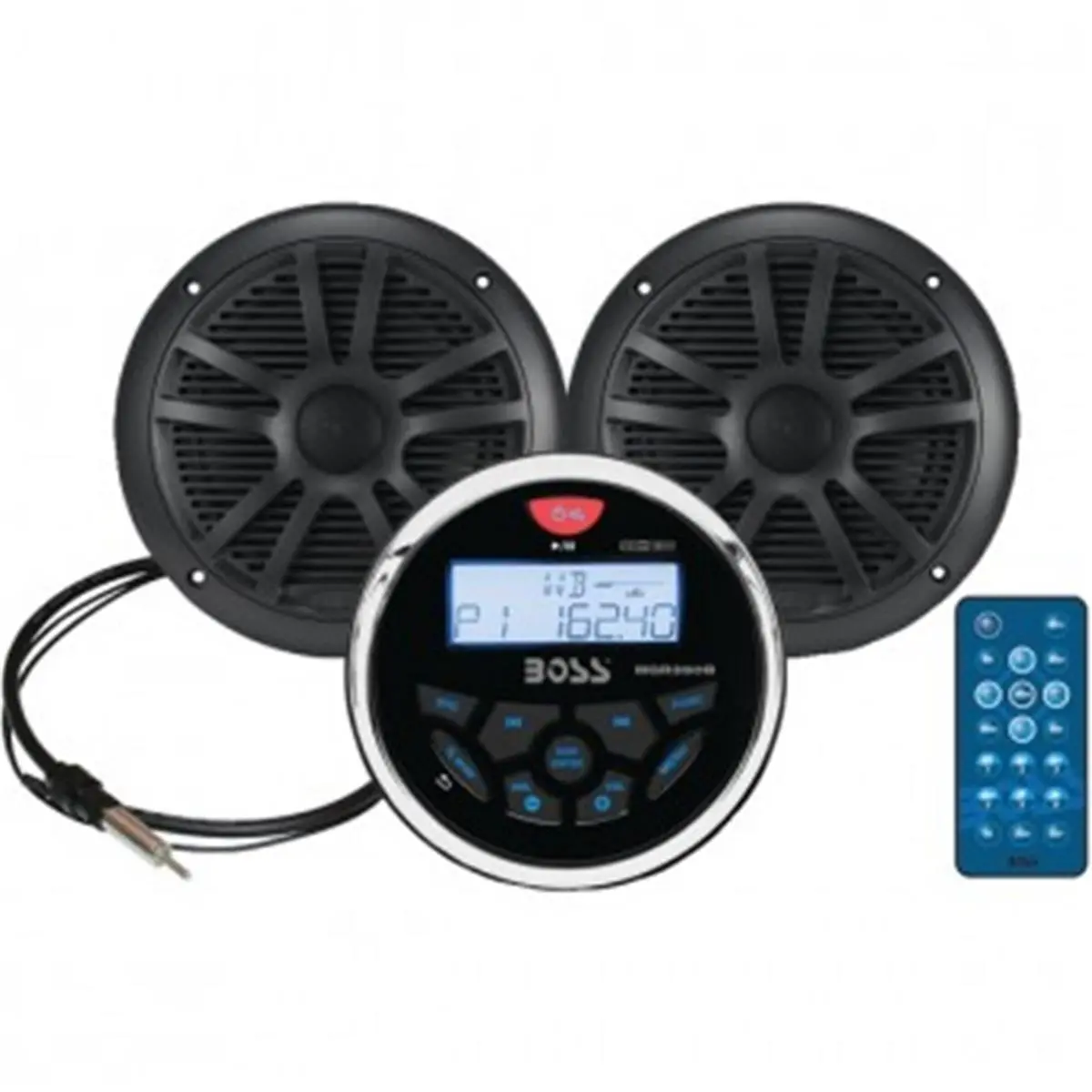 Boss Waterproof Bluetooth Wireless Audio System - 180W Mechless AM-FM Radio Receiver with Remote Control, 6.5 in Speakers, Marine-Gauge, MRANT10 Dipole Antenna, Black for Water Sports, Kayaking, Digital, Round, 3 In., Am/Fm Receiver, Mrant10 Marine Dipole
