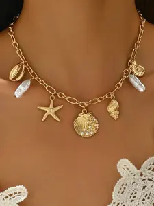 Fashionable Faux Pearl, Seashell, Starfish Metal Pendant Necklace, Women's Ocean Vibe Jewelry, Daily Wear, Beach, Festival, Party, Gift