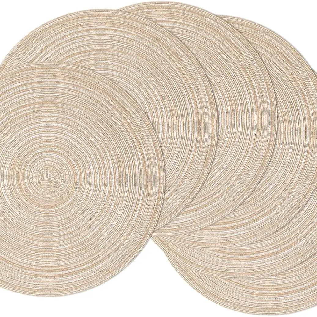 Modern Round Braided Placemats - 15 inch Diameter Circular Form Set of 6, Swirl Weave 40% Cotton 60% Polyester Thin Fabric, Non-Slip Heat-Resistant, Spot/Wipe Clean Transparent Plastic Indoor Kitchen Table Mats
