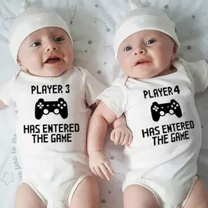 Player 3 and 4 Has Entered The Game Funny Newborn Twin Baby Romper Short Sleeved Infant Siblings Family Matching Clothes