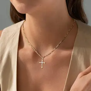 ASCOMY 14k Gold Plated Cross Necklace for Women | Sparkly Cubic Zirconia Pendant with Figaro Chain | Dainty Faith Jewelry