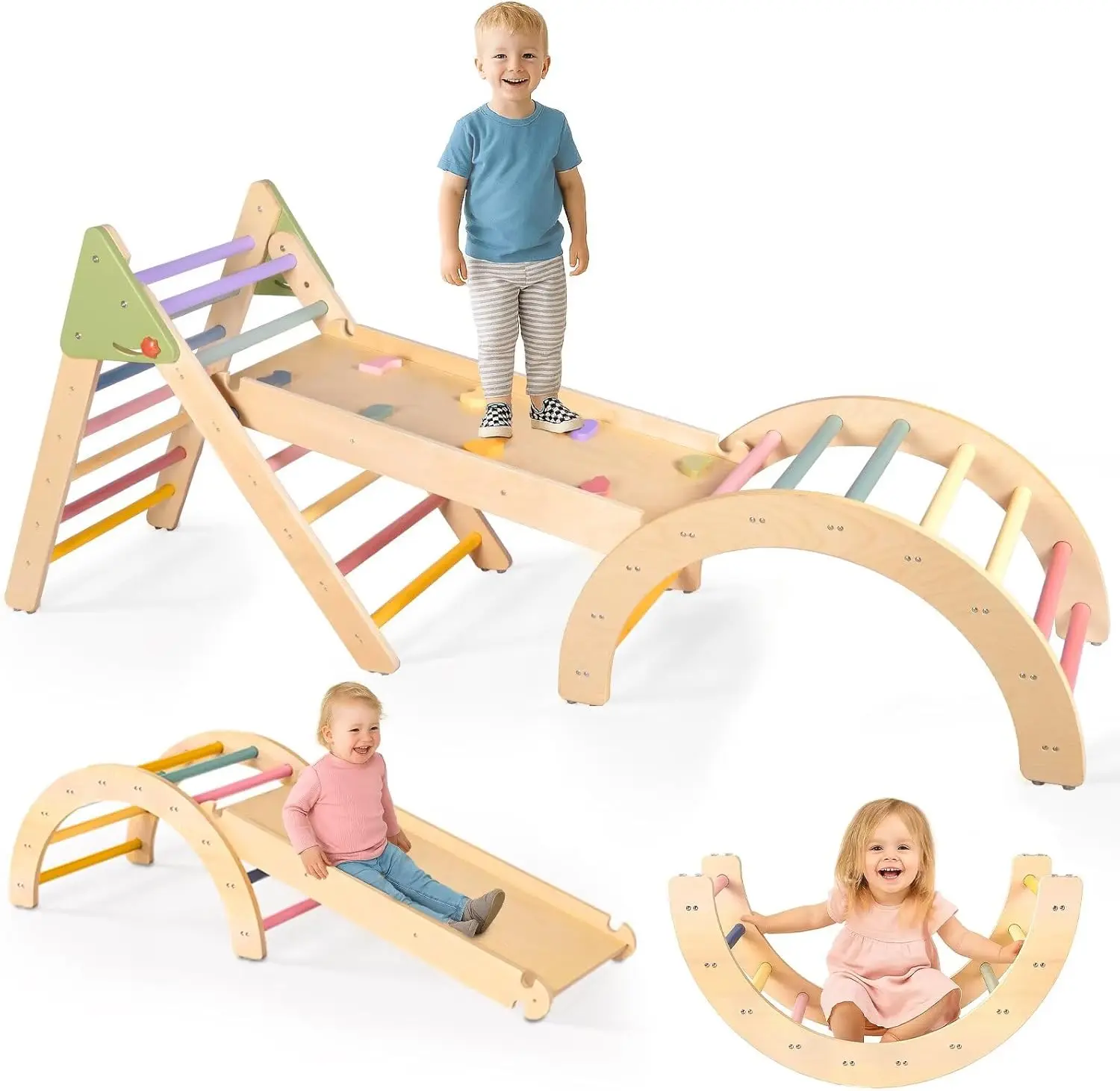 7-in-1 Foldable Pikler Triangle Set, Montessori Toddler Climbing Gym with 8 Soft Holds & Flip-Side Slide, Home/Indoor Playground Equipment, Toddler Slide Playset for Kids 1-3, Home Playground Equipment, Play Equipment