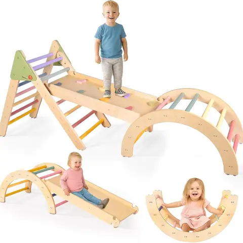 7-in-1 Foldable Thick Wood Pikler Triangle Set - Montessori Unisex Toddler Climbing Gym with 8 Soft Holds, Flip-Side Slide, Arch, Safe Playground Equipment for 1-3 Years Kids, 160 lb Capacity Indoor Play Equipment