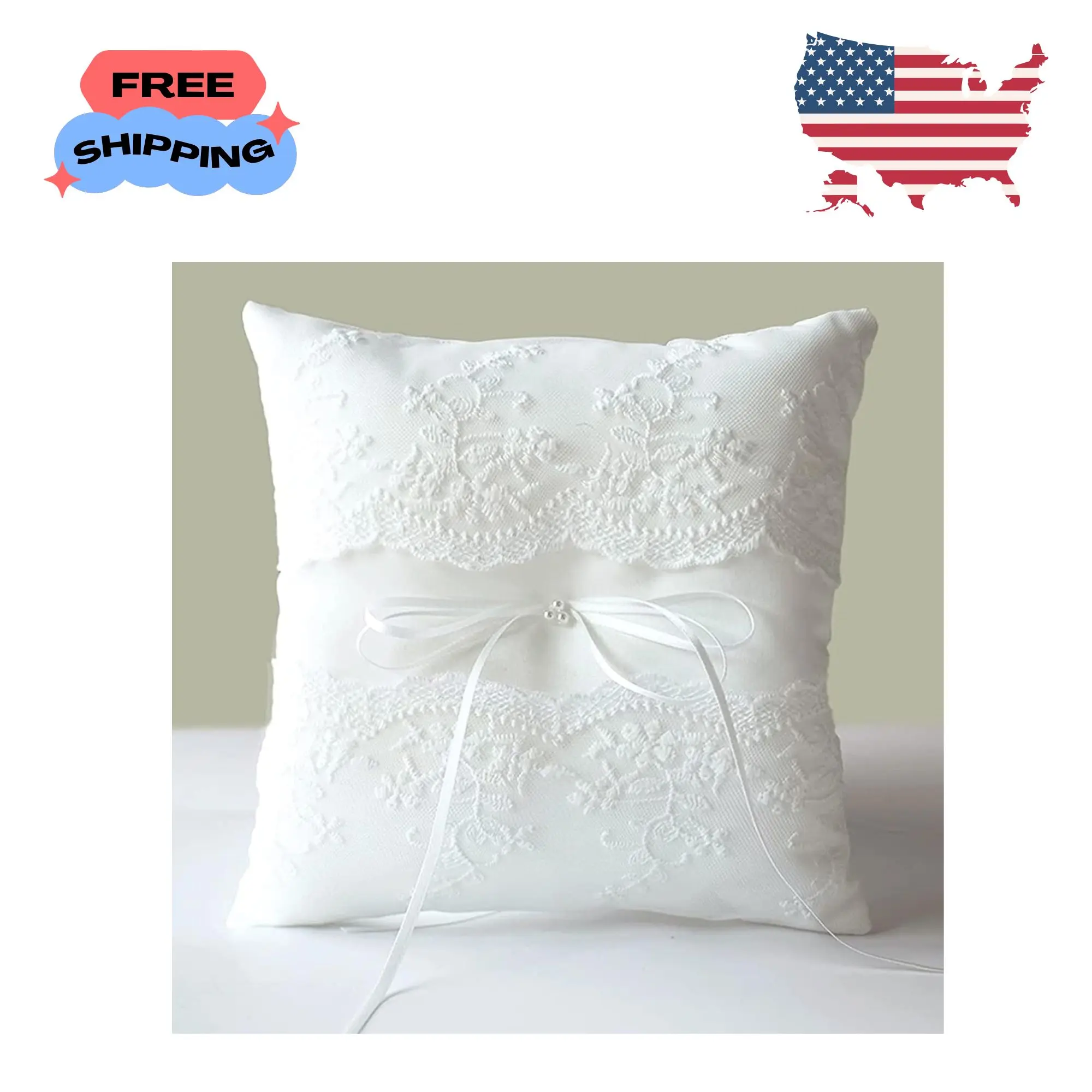 Wedding Ring Pillow, Lace Pearl Ivory Ring Bearer Cushion