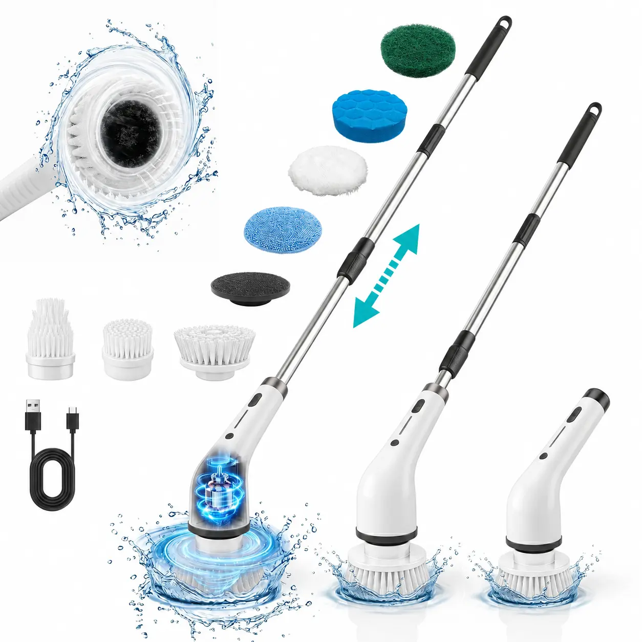 Durable Wireless Electric Spin Scrubber Bathroom Gadget with Handle, IPX7 Full-Body Moisture Resistant Cleaning Brush, 4 Replaceable Heads, 3 Adjustable Extension Rods, 2-Speed for Bathroom, Specialty Kitchen Use,home essentials