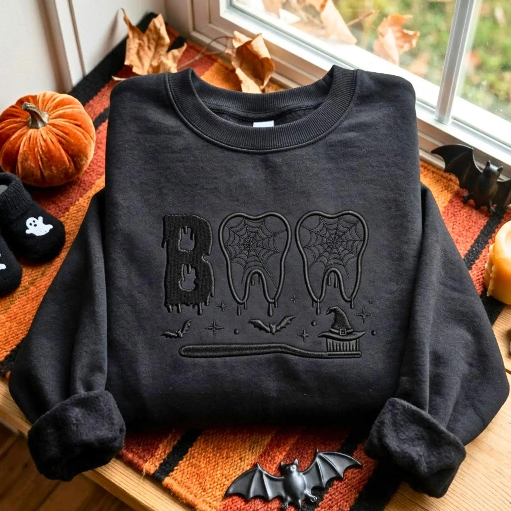 Embroidered Halloween Dentist Sweatshirt, Spooky Teeth Boo Crewneck, Dental Squad Crewneck
