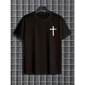 Boys' 100% Cotton Crew Neck T-Shirt with Cross Print, Casual Comfortable Short Sleeve Tee for Spring and Summer, Boys' Clothing