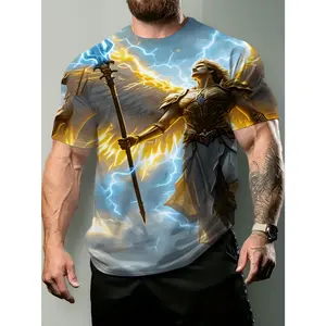 Divine Angel Warrior Thunder God Mythological 3D Printed Men's T-Shirt - Polyester Casual Crew Neck Short Sleeve Tee, Epic Fantasy Art Design with Golden Armor and Lightning Storm, Breathable Summer Wear for Daily Use, Gift Idea S-3XL