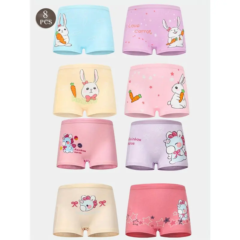 Girls' 8-Pack Cotton Blend Boxer Briefs, Regular Fit Soft Stretch Knit with Cute Cartoon Prints, All-Season Comfort, Color Mixing, 8 Pcs