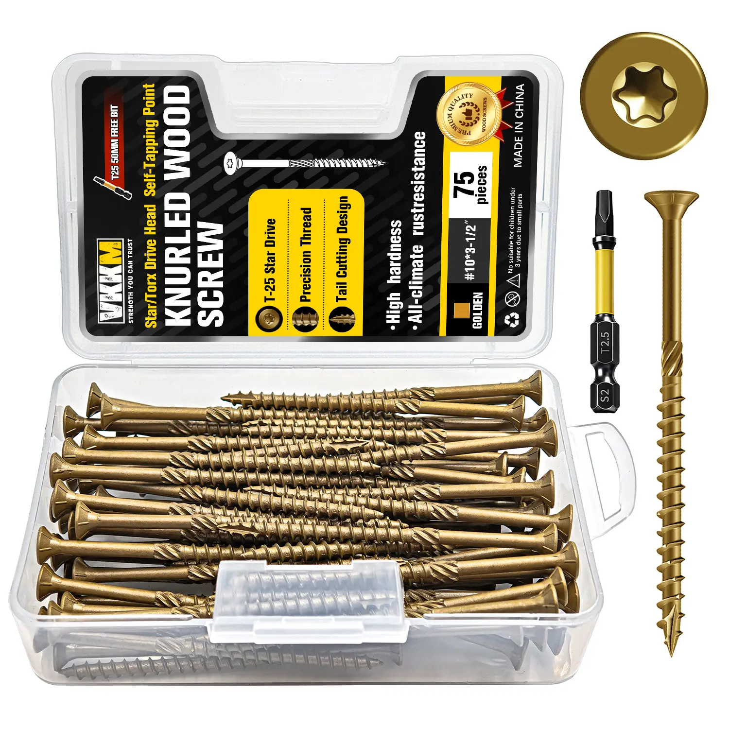 VKKM #10 x 3-1/2 Inch Torx Knurled Wood Deck Screws, 75 Pack Golden Anti-Corrosion Exterior Wood Screws with Free T25 Bit, Self Cutting Countersunk Wood Fasteners for Decking, Fence & Outdoor Wood Construction