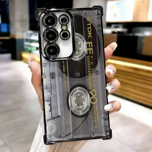 Classic Retro Music Cassette Pattern Flat Printed Phone Case, Electroplated Cover with Airbag Shockproof Slim Soft TPU Cover for Samsung S26 S25 S24 S23 S22 Ultra S25Edge S24FE Plus S25+