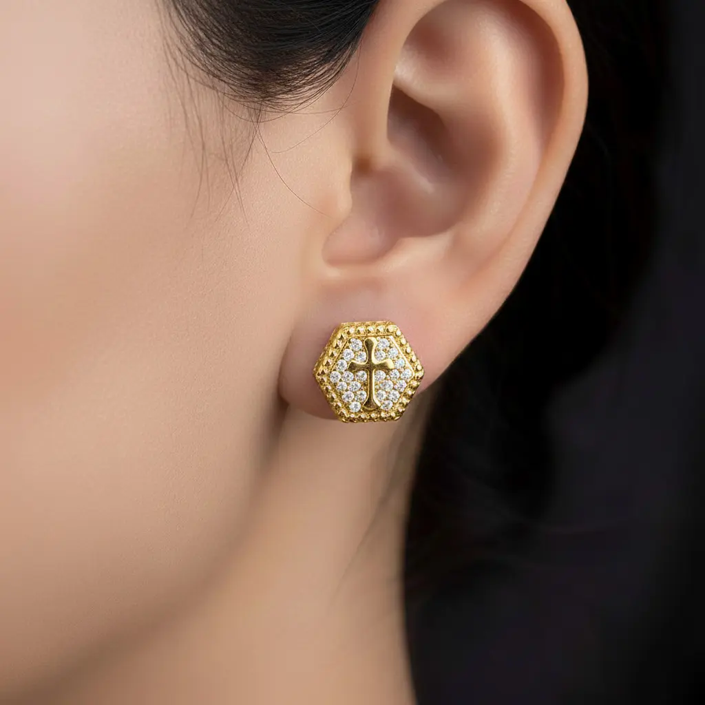 Stud Earrings for Women, Gold-Plated Hexagonal Cross with Cubic Zirconia, Lightweight Religious Gift for Anniversaries, Formal Events