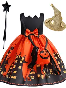 (Dress + Bag + Fairy Wand + Hair Accessories) Ghost Halloween Dress Up Costume Moon Castle Print Dress Kids Party Cosplay Dress