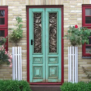 2pcs Vintage Carved Decorative Door Wall Sticker Turquoise Blue European Style Iron Art Pattern Self Adhesive Wallpaper Living Room Entrance Background Wall Decoration Removable PVC Home Decor Mural Col